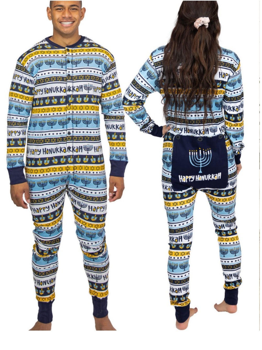 Adult Lazy One Hanukkah Menorah Onesie Pajamas - Blue/White